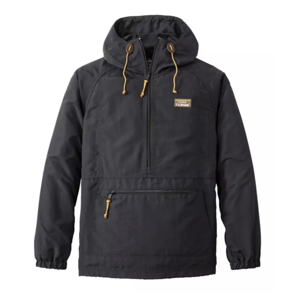 L.L. Bean Mountain Anorak Mens L  Half Zip Hooded Jacket Black Kangaroo Pocket
